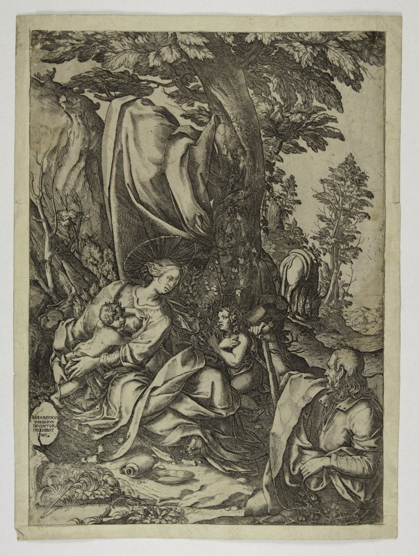Passarotti Bartolomeo: Bartolomeo Passarotti (1529-1592) [da]. Sacra Famiglia (Riposo dalla fuga in Egitto). Bulino, mm. 390 x 280. (1) Esemplare non freschissimo. Stampa profilata e interamente incollata su supporto carta
