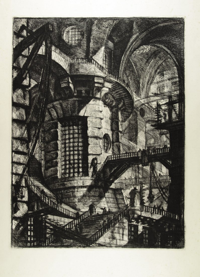 Piranesi Giovanni Battista: Giovanni Battista Piranesi (1720-1778). Capriccio con scale e pilone circolare. Acquaforte, mm. 540 x 410. Tav. III delle Carceri, terzo stato di tre, con l'aggiunta del numero "351" in alto a destra,