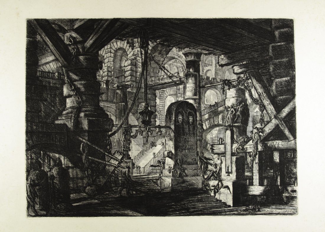 Piranesi Giovanni Battista: Giovanni Battista Piranesi (1720-1778). Capriccio di scale e arcate con catena. Acquaforte, mm. 540 x 400. Tav. XVI delle Carceri. Terzo stato di tre, con l'aggiunta del numero "364", in alto, verso i