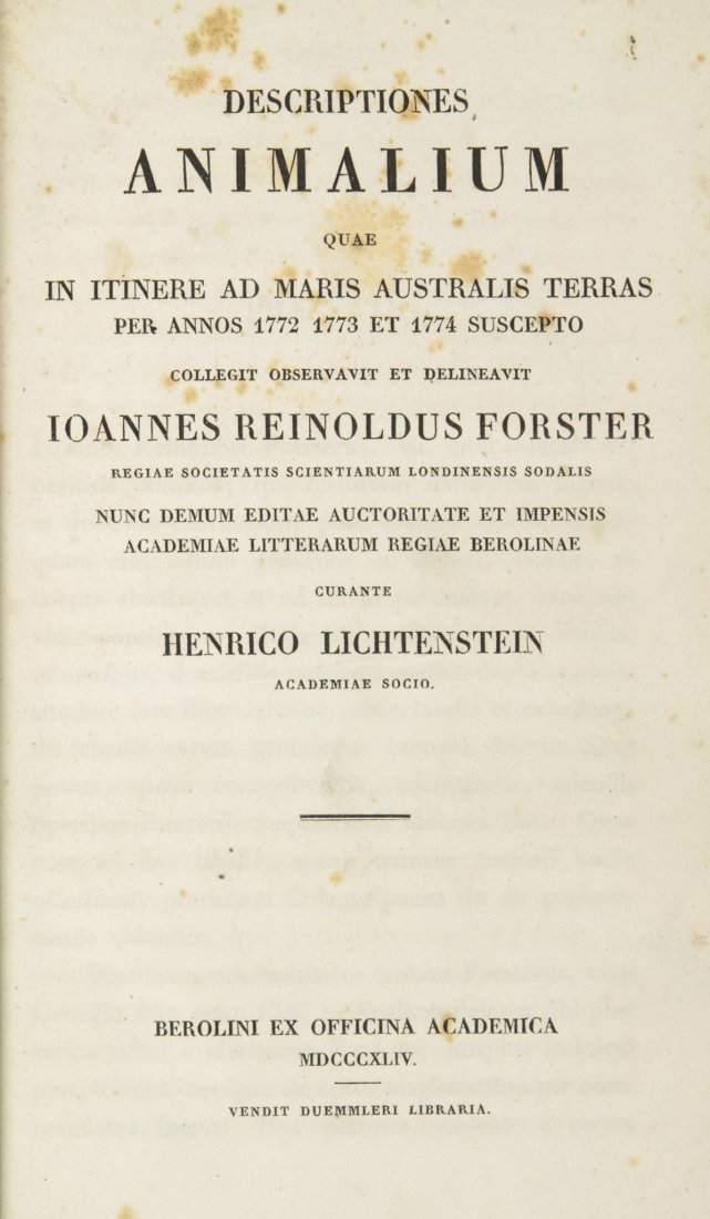 Forster Johann Reinhold: Forster Johann Reinhold. Descriptiones animalium quae in itinere ad maris australis terras per annos 1772 1773 et 1774 suscepto collegit observavit et delineavit... Berolini: Ex Officina Academica, 18