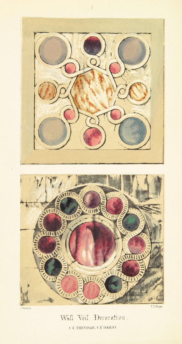 Ruskin John: Ruskin John. The stones of Venice. London: Smith, Elder and co., Waterloo place, 1873-1874. 3 volumi in-4° (mm 255x175). Pagine XXI, [1], 400 + 21 tavole; VI, 394 + 21 tavole; [4], 362 +