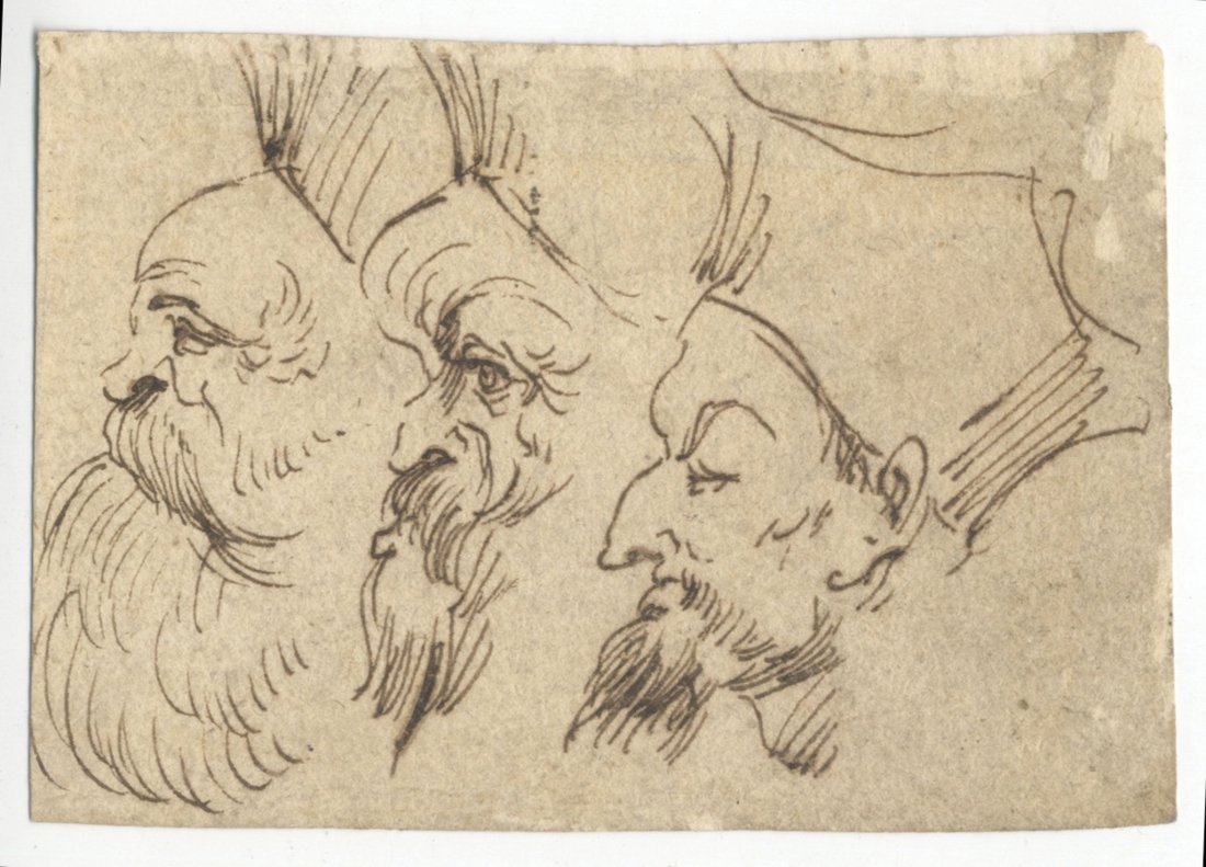 Agostino Carracci. Schizzi caricaturali: Agostino Carracci (1557-1602). Schizzi caricaturali di tre teste. Fine del XVI secolo. Penna e inchiostro; carta bianca. Foglio: mm 68x100. Il piccolo studio, caratterizzato da segno irruente e molto 