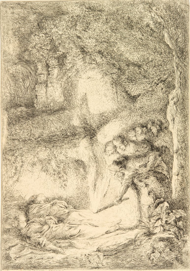 Giovanni Benedetto Castiglione (il Grechetto): Giovanni Benedetto Castiglione (detto il Grechetto) (1609-1665). La presunta scoperta dei corpi dei Santi Apostoli Pietro e Paolo. 1645/1651. Acquaforte. Foglio: mm 206x293. Bartsch, XXI, n. 17.4. Bel