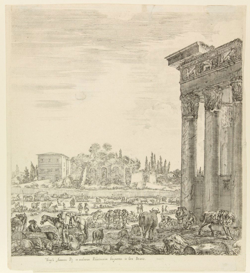 Stefano Della Bella. Templi Antonini.: Stefano Della Bella (1610-1664). Templi Antonini. 1656. Acquaforte. Matrice: mm 318x289. Foglio: mm 322x291. De Vesme-Massar, n. 833. Esemplare in II stato di 2. (1).