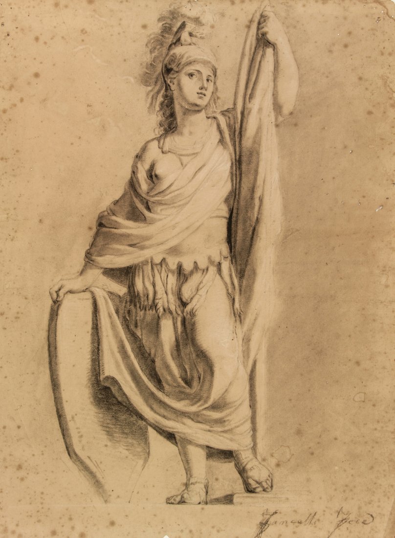 Pietro Fancelli. Studio accademico …: Pietro Fancelli (1764-1850). Studio accademico di ritratto femminile in vesti di Athena. 1790 ca. Matita nera, carboncino e gesso; carta marroncina, a vergelle, filigranata (corona a 5 raggi e le lett