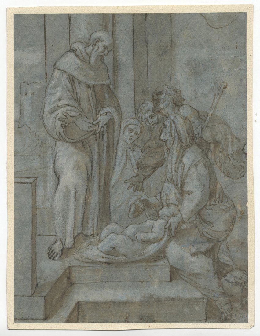 Lucio Massari. Miracolo di San Benedetto.: Lucio Massari (1569-1633). Miracolo di San Benedetto. 1630 ca. Penna e inchiostro acquerellato e tocchi di bianco; carta cerulea. Foglio: mm 186x140. (1).