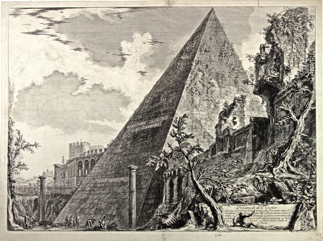 Giovanni Battista Piranesi.: Giovanni Battista Piranesi (1720-1778). 1) Piramide di C. Cestio. 2) Stylobata Columnae cochlidis Imp. Caes. M. Aurelii Antonini Pii, ex Cavalerio.... 1762. (1) Acquaforte mm 392x535. Margini mm 412x5