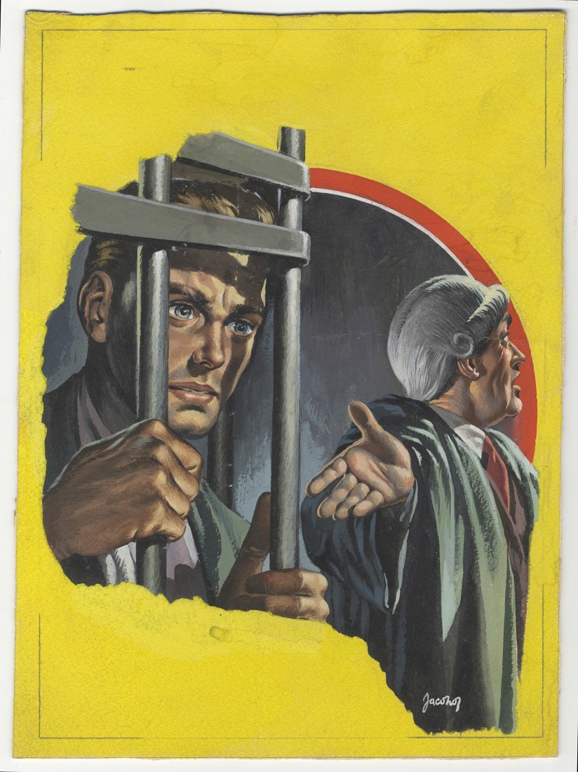 Carlo Jacono. Copertina per il giallo Mondadori.: Carlo Jacono (1929-2000). Copertina per il giallo Mondadori. "Signori della Corte..." (A case to answer) di Edgar Lustgarten. 1952. Tempera su cartone mm. 330x245. Firma in basso a destra: "Jacon