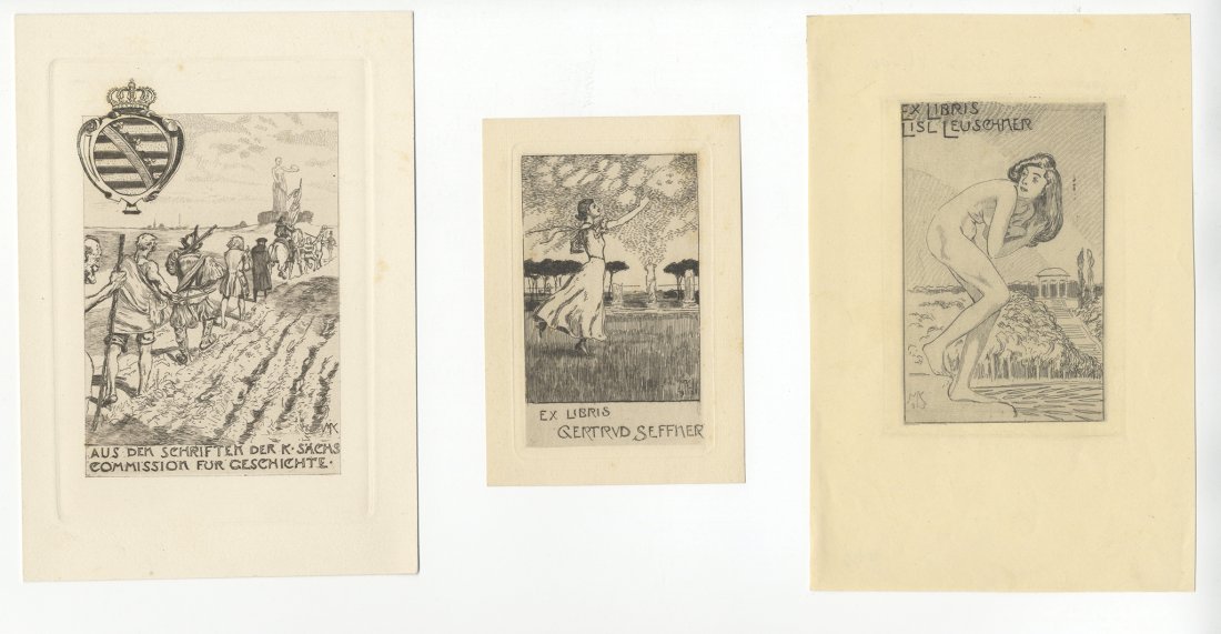 Max Klinger. Sei ex libris.: Max Klinger (1857-1920). Sei ex libris. Ex libris Lisl Leuschner. 1915. Acquaforte. mm 123x85. Foglio: mm 201x134. Beyer, 426. Tauber, 41. Monogrammata e datata sulla lastra in basso a sinistra. Lisl