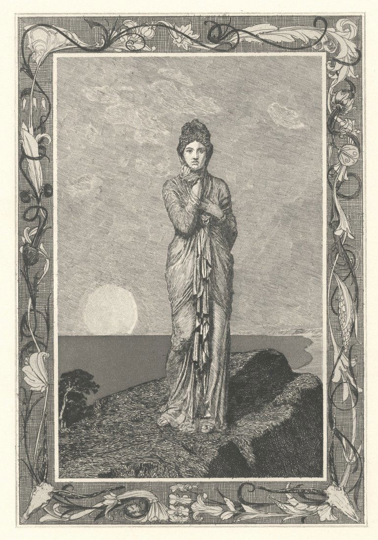 Max Klinger. Psyche auf dem Felsen.: Max Klinger (1857-1920). Psyche auf dem Felsen. 1880. Acquaforte e acquatinta. mm 365x269. Foglio: mm 407x310. Singer, 73. Incisione tratta dalla cartella Amor und Psyche. Opus V, che comprende comple