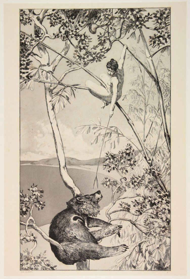Max Klinger. Bär und Elfe (L'orso e l'elfo).: Max Klinger (1857-1920). Bär und Elfe (L'orso e l'elfo). 1881. Acquaforte e acquatinta. mm 414x290. Foglio: mm 625x445. Singer, 52. In basso ai lati, a stampa, il nome dell'autore e il numero «