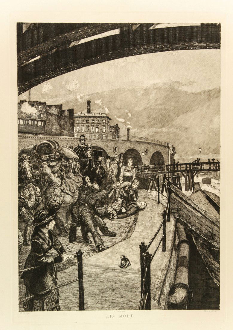 Max Klinger. Ein Mord (da Dramen): Max Klinger (1857-1920). Ein Mord (da Dramen) 1882 ca. Acquaforte mm. 460x319. Foglio: mm. 560x477. SINGER, 151. Firmata sulla lastra in basso a sinistra a caratteri tipografici. Titolo in basso al ce