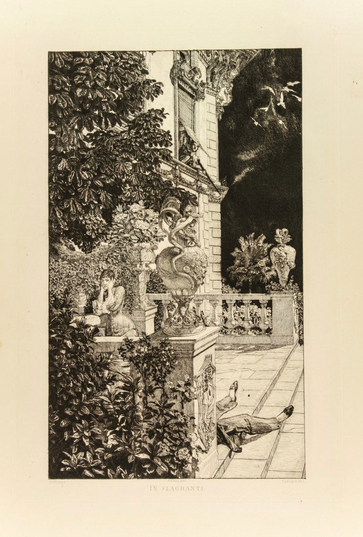 Max Klinger. In flagranti.: Max Klinger (1857-1920). In flagranti. 1882. Acquaforte mm. 460x320. Foglio: mm. 560x477. SINGER, 147. Firmata sulla lastra in basso a sinistra a caratteri tipografici. Titolo in basso al centro. Dal