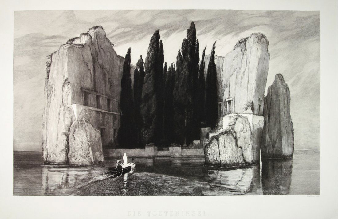 Max Klinger. Die Todteninsel (L'Isola dei Morti).: Max Klinger (1857-1920). Die Todteninsel (L'Isola dei Morti). 1890. Acquaforte e acquatinta. mm 417X696. Foglio: mm 520X790. Singer, 327. In basso ai lati, sotto alla parte incisa: «A. Böck