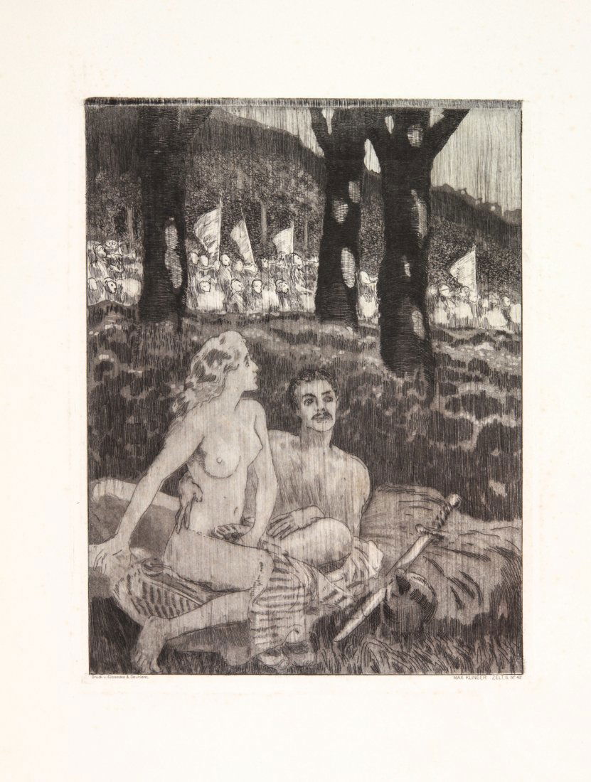 Max Klinger. Waldnacht.: Max Klinger (1857-1920). Waldnacht. 1915 ca. Acquaforte. mm 228x180. Foglio: mm 585x400. Stampato nel margine inferiore: «Druck v. Giesecke & Devrient - Max Klinger Zelt, II N. 42». Qu