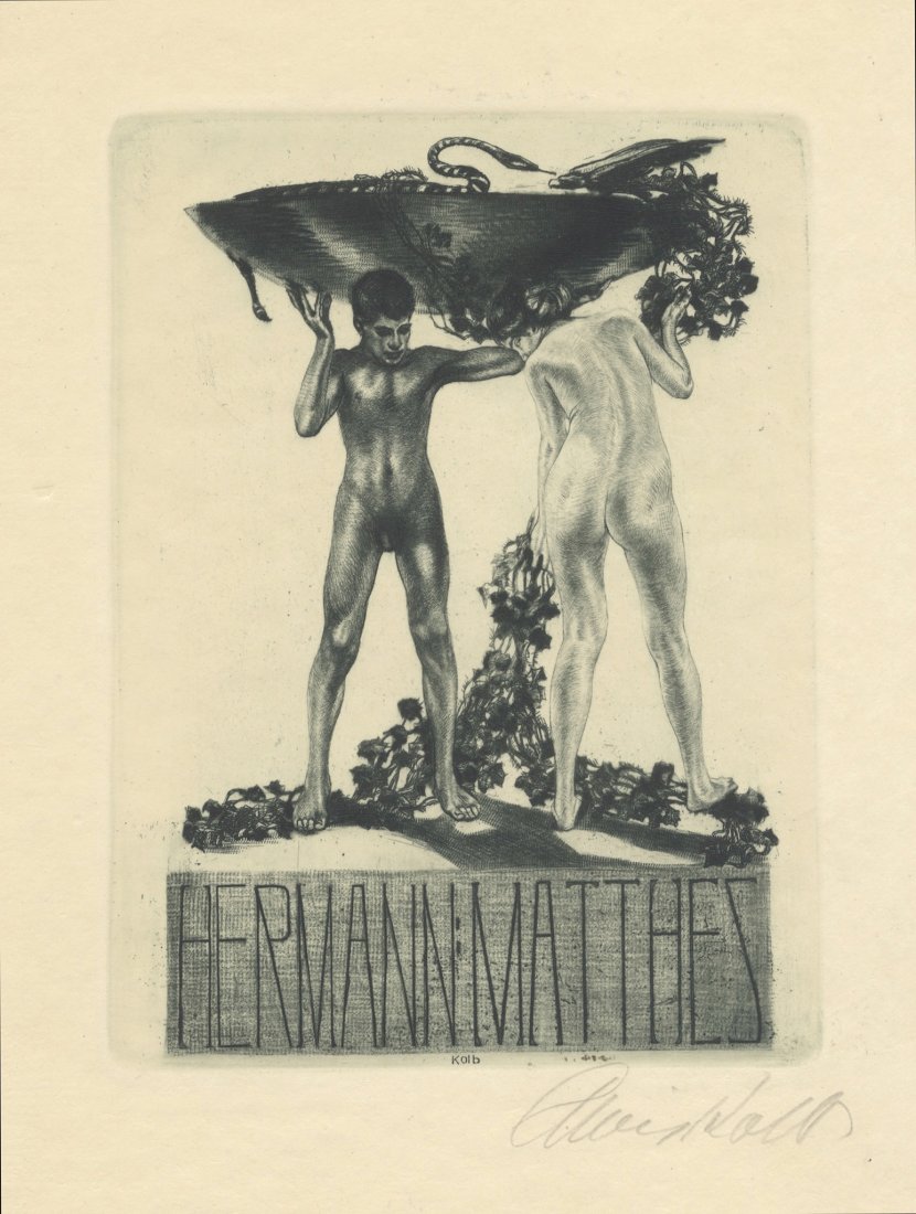 Alois Kolb. Quattro ex libris.: Alois Kolb (1875-1942). Quattro ex libris. Ex libris Hermann Matthes. 1910. Acquaforte e acquatinta. mm 164x122. Foglio: mm 240x163. Il nudo negli ex libris del primo '900, 64. Firmata sulla lastra in