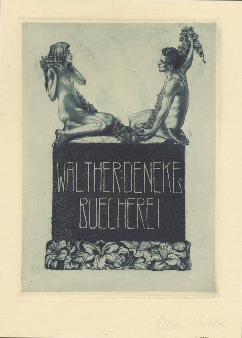 Alois Kolb. Quattro ex libris.: Alois Kolb (1875-1942). Quattro ex libris. Ex libris Walther Deneke. Acquaforte e acquatinta. mm 185x135. Foglio: mm 325x237. Firmata a matita in basso a destra. Ex libris Anton Beer-Walbrunn. Acquafo