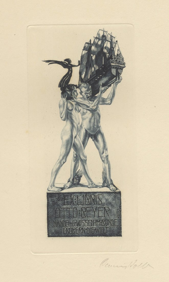 Alois Kolb. Quattro ex libris.: Alois Kolb (1875-1942). Quattro ex libris. Ex libris Otto Beyer. 1910. Acquaforte e acquatinta. mm 209x99. Foglio: mm 350x255. Firmata a matita in basso a destra. Ex libris Dr. Adolf Rziha. Acquaforte