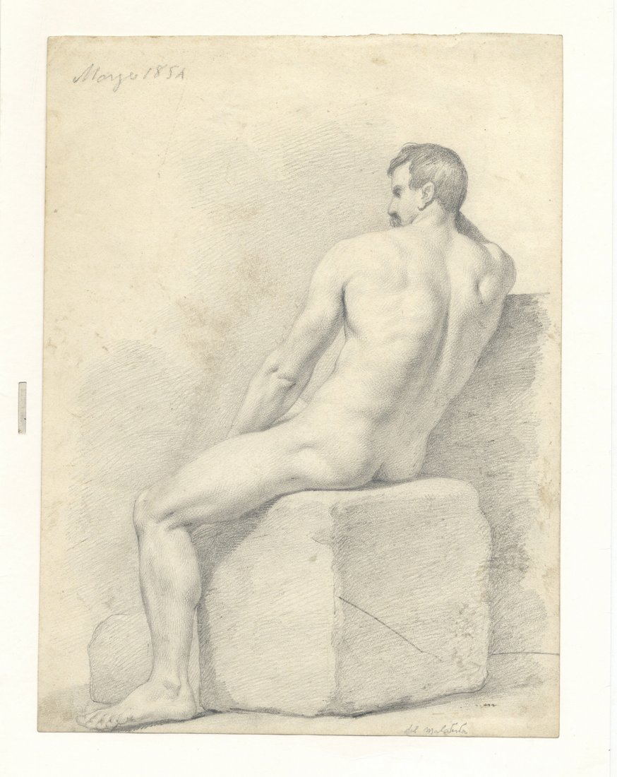 Adeodato Malatesta. Nudo virile seduto di spalle.: Adeodato Malatesta (1806-1891) [attribuito a]. Nudo virile seduto di spalle. 1854. Matita di grafite su carta avorio, mm 280x208. Datato a matita in alto a sinistra: «Marzo 1854». In basso