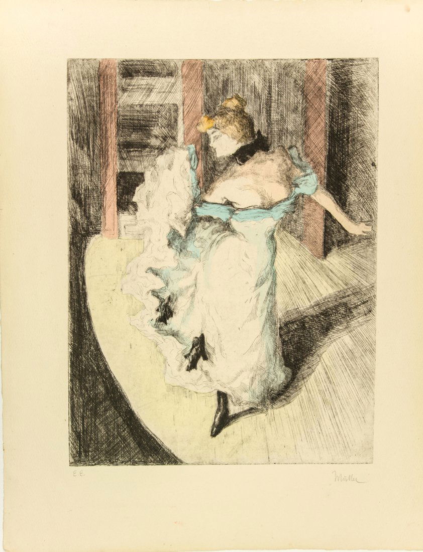 Alfredo Müller. Devant la rampe.: Alfredo Müller (1869-1940). Devant la rampe. 1900 ca. Acquaforte a colori con ritocchi ad acquerello mm. 395x300. CAGIANELLI (MULLER), n. 49. Foglio: mm. 535x420. Firmata a matita in basso a de