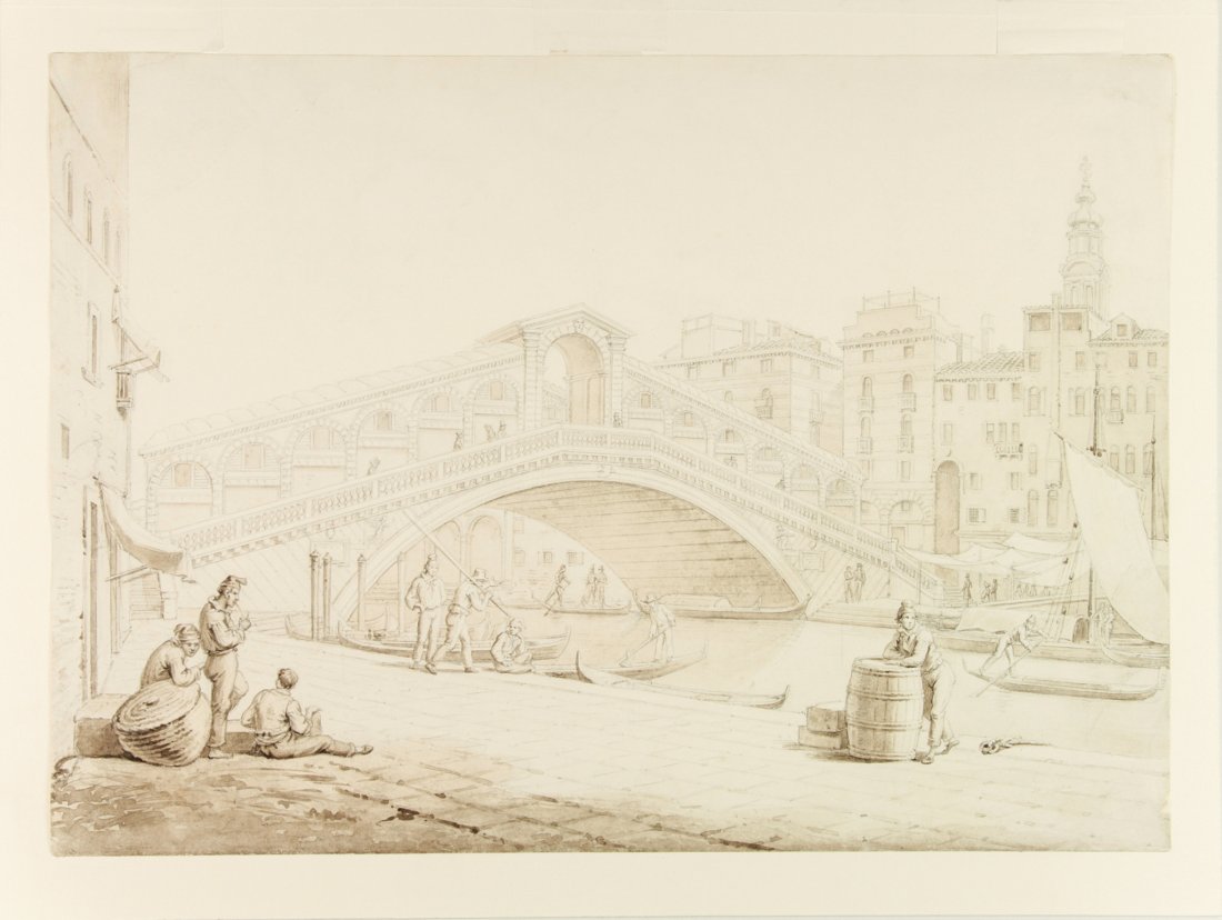 Bartolomeo Pinelli. Il Ponte di Rialto.: Bartolomeo Pinelli (1781-1835). Il Ponte di Rialto. 1810 ca. Penna e inchiostro acquerellato, matita nera, matita di grafite, su carta bianca compatta. Foglio: mm 295x410. Opera di qualità gra
