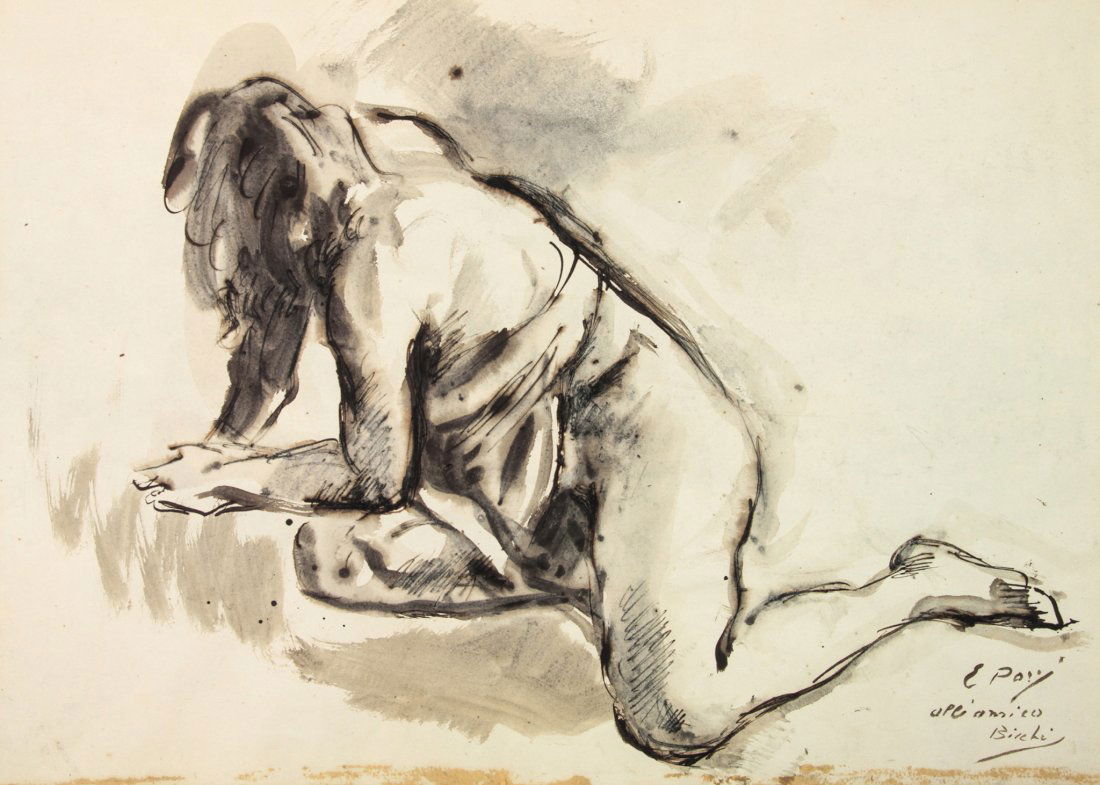 Ennio Pozzi. Nudo di donna semidistesa.: Ennio Pozzi (1893-1972). Nudo di donna semidistesa. Penna e inchiostro bruno acquerellato su carta avorio. mm 410x605. Firma e dedica a penna in basso a destra. Al verso Nudo di donna, disegno a carbo