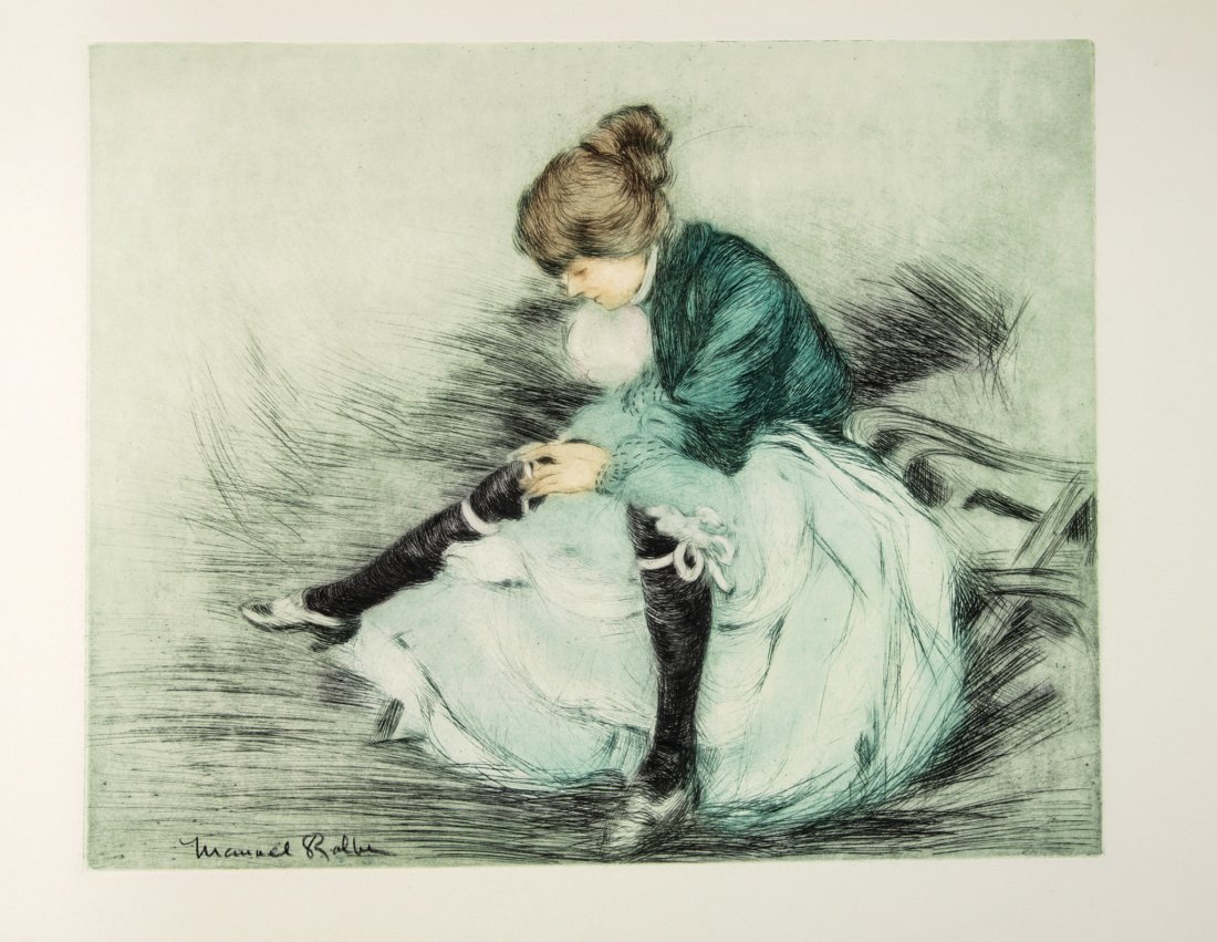 Manuel Robbe. Les jarretières.: Manuel Robbe (1872-1936). Les jarretières. Puntasecca a colori. mm 415x330 Foglio: mm195x655. Merrill-Chase, 126. Firmata a matita in basso a sinistra. (1).