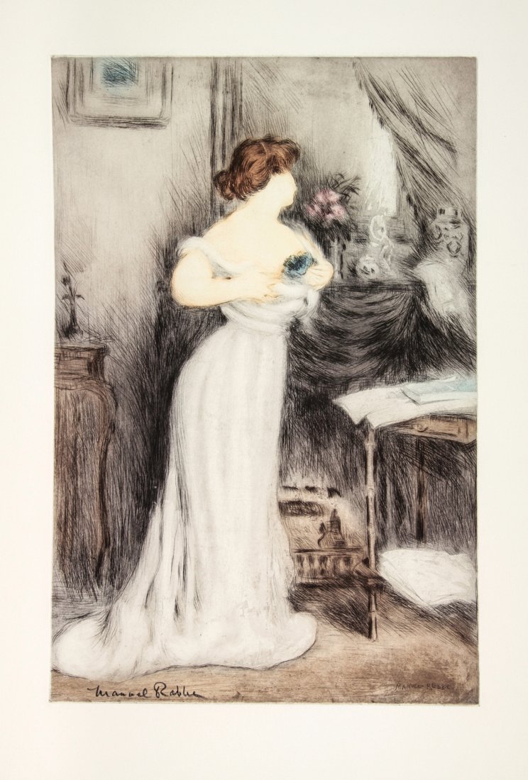 Manuel Robbe. Le bouquet de Violette.: Manuel Robbe (1872-1936). Le bouquet de Violette. 1903. Acquaforte e acquatinta a colori. mm 450x295. Foglio: mm 655x505. Merrill-Chase, 105. Firmata sulla lastra in basso a destra e a matita in basso