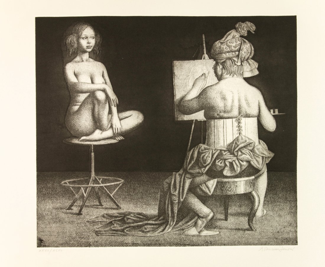 Riccardo Tommasi Ferroni. Il pittore e la modella: Riccardo Tommasi Ferroni (1934-2000). Il pittore e la modella. Acquaforte mm. 345x390. Foglio: mm. 495x700. Firmata e numerata a matita in basso ai lati. Es. n. XXXII/XCVII. (1).