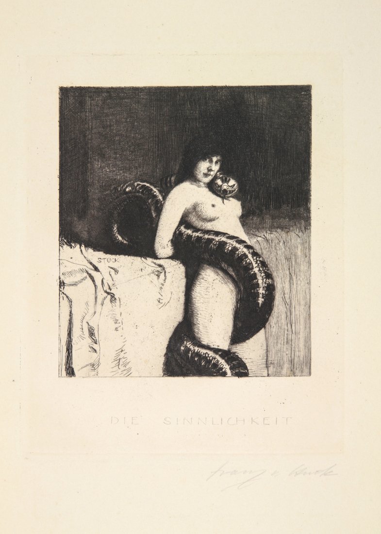 Franz Von Stuck. Die Sinnlichkeit.: Franz Von Stuck (1863-1928). Die Sinnlichkeit. 1889/91 ca. Acquaforte. mm 214x170. Foglio: mm 525x380. Firmata sulla lastra al centro verso sinistra e a matita in basso a destra. Titolo inciso in bass