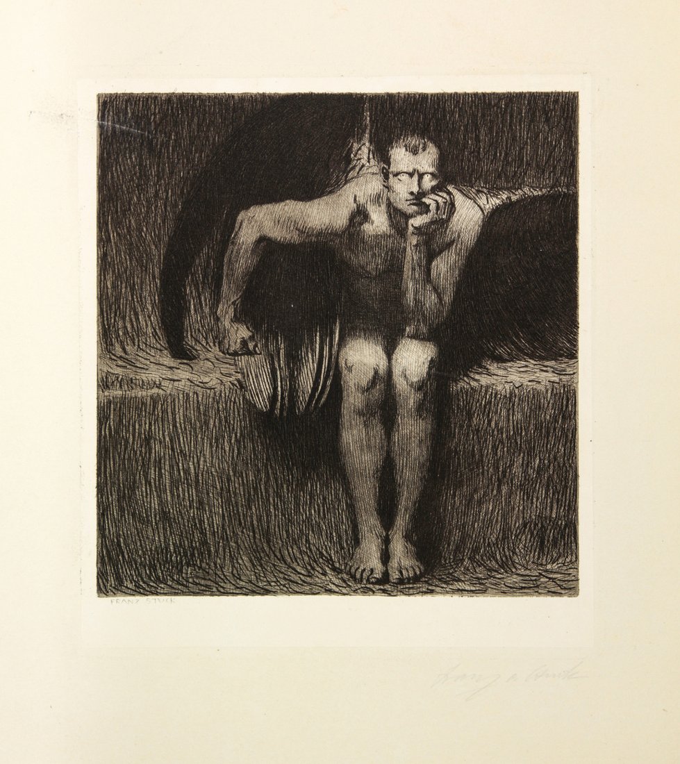 Franz Von Stuck. Lucifer.: Franz Von Stuck (1863-1928). Lucifer. 1890/91. Acquaforte. mm 240x210. Foglio: mm 407x360. Hardtwig, 43. Firmata sulla lastra in basso a sinistra e a matita in basso a destra. Dall'omonimo dipinto del
