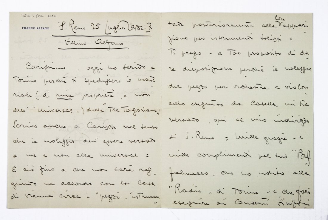 Alfano Franco: Alfano Franco. Lettera autografa firmata. Datata 25 luglio 1932. Manoscritto a inchiostro nero su carta intestata del musicista. Scritte 3 pagine. Dimensioni: mm 220x173.