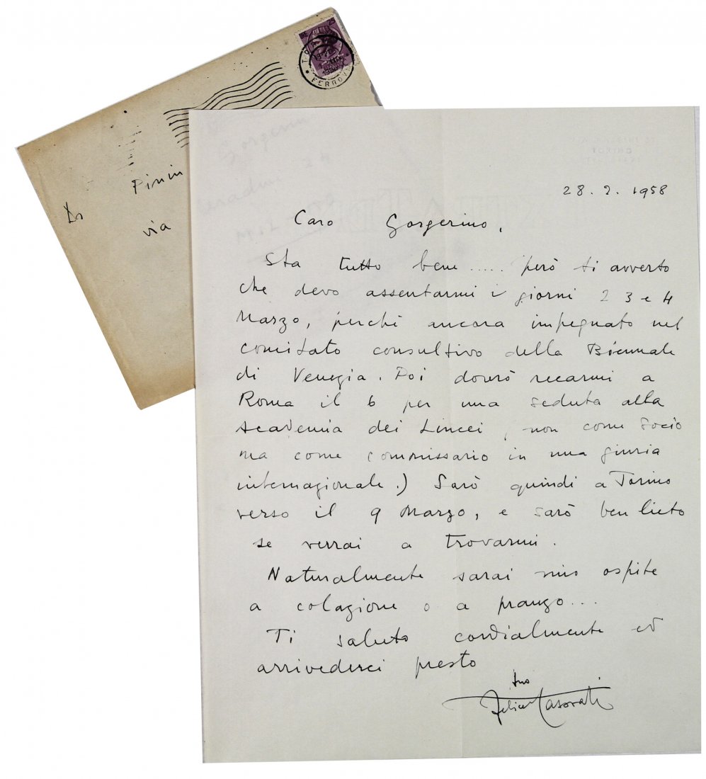 Casorati Felice: Casorati Felice. Lettera autografa firmata. Datata 28 febbraio 1958. Manoscritto a inchiostro nero su carta con filigrana. Dimensioni: mm 280x215 mm.