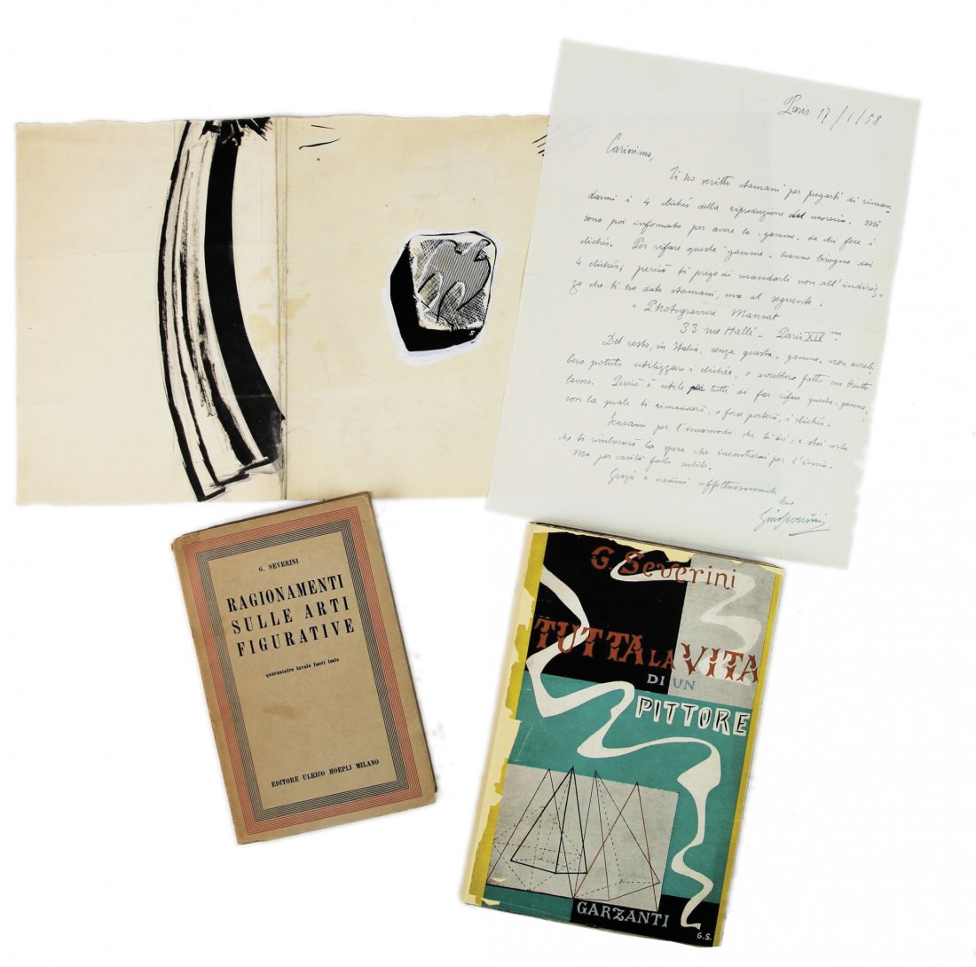Severini Gino: Severini Gino. Lettera autografa firmata. Datata 17 gennaio 1958. Manoscritto a inchiostro blu. Busta conservata. Dimensioni: 270x208 mm. SI ALLEGA: Id., (?) Disegno di una colomba. Siglato “S&r