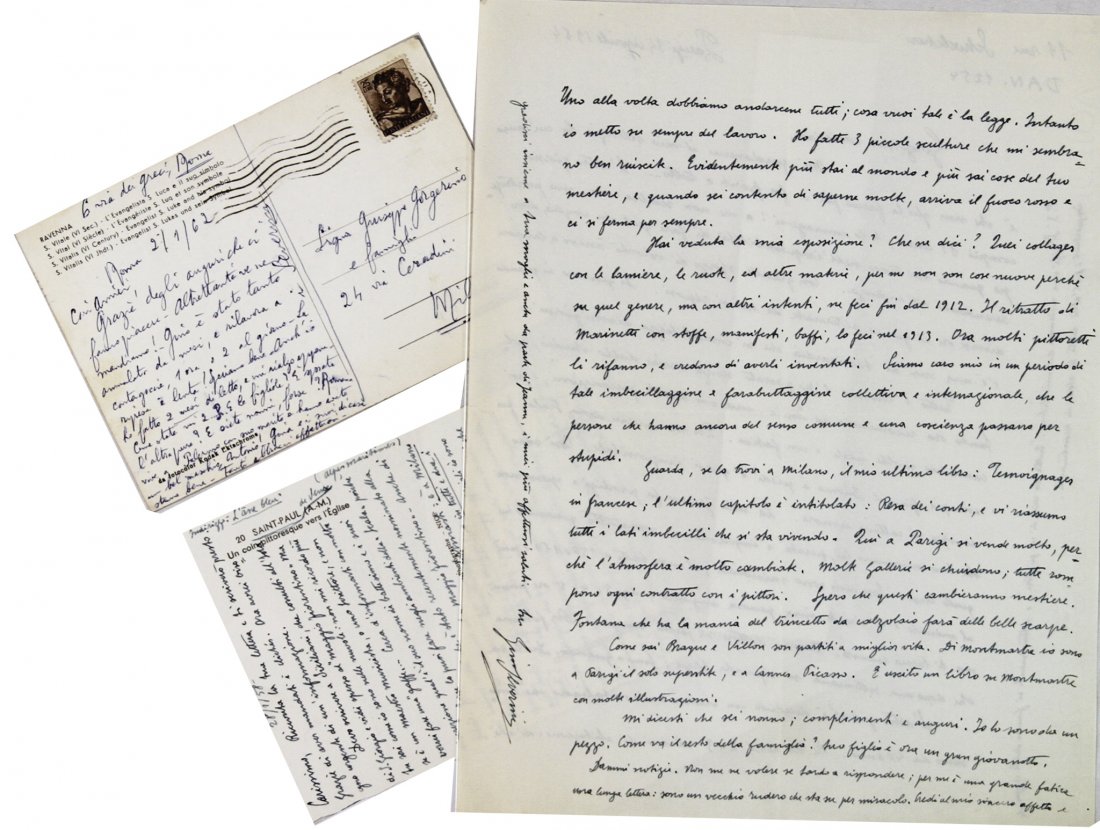 Severini Gino: Severini Gino. Lettera autografa firmata. Datata 14 aprile 1964. Manoscritto a inchiostro blu. Scritte due pagine. Dimensioni: 270x208 mm. SI AGGIUNGONO: Id., Lunga cartolina autografa firmata, datata