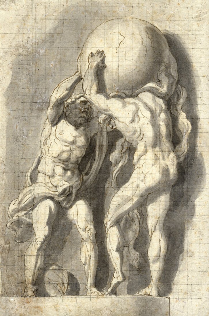 Pierre Brébiette: Pierre Brébiette (1598 ca-1650) [attribuito a]. Atlante ed Ercole. Fine del XVII secolo. Penna e inchiostro, acquerellature in grigio, matita nera per la quadrettatura. Leggeri tocchi di biacca; cart