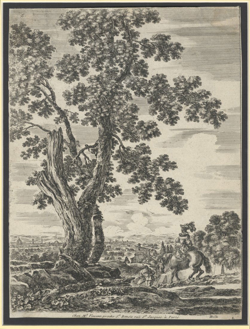 Stefano Della Bella: Stefano Della Bella (1610-1664). L'arrivo a Firenze. Acquaforte. mm 245x185. DE VESME, n. 783 IV/IV. Firmata in basso a destra. In basso al centro del piccolo margine: “Chez M.r Vincent, proche