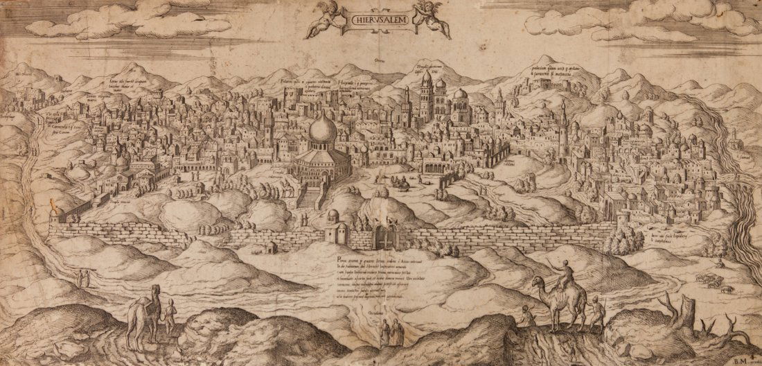 Etienne Duperac: Etienne Duperac (1535-1604). Hierusalem. 1570 ca. Incisione in rame. mm 312x644. Titolo in alto al centro entro cartiglio sorretto da due puttini. Al centro ed in vari punti dell'incisione descrizione