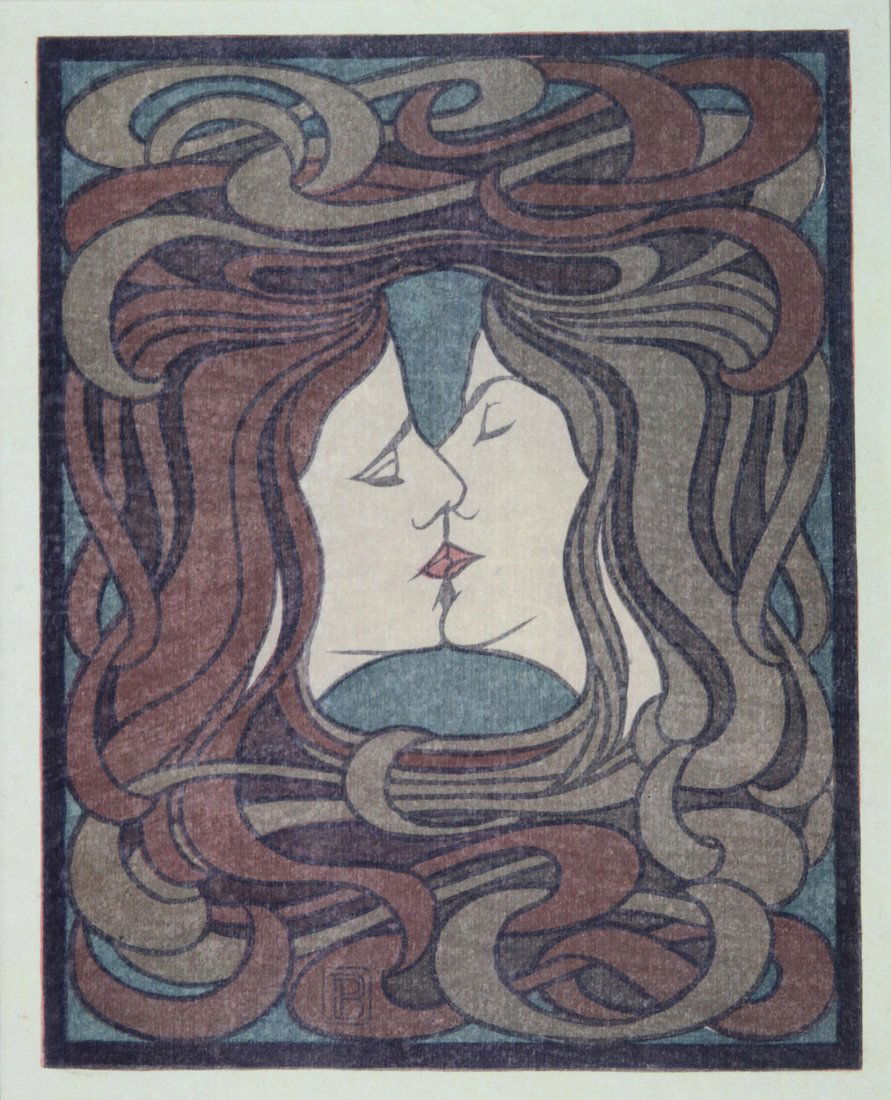 Peter Behrens: Peter Behrens (1868-1940). Der Kuss. 1898. Xilografia a sei colori. mm 275x214. Foglio: 350X275. Impressione su carta Japon leggera. Titolo tipografico in basso a sinistra: “Peter Behrens, Sechs