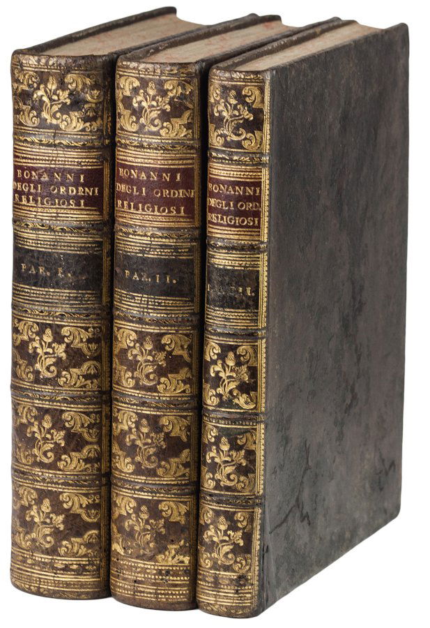 Buonanni Filippo: Buonanni Filippo. Ordinum religiosorum in ecclesia militanti catalogus eorumque indumenta in iconibus... Roma: ex typographia Antonii de Rubeis, 1738-41. 3 volumi in-4° (mm 240x173). Carte [8] co