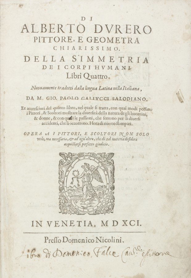 Dürer Albrecht: Dürer Albrecht. Della simmetria dei corpi humani. Libri quattro nuovamente tradotti [...] da M. Gio. Paolo Gallucci Salodiano. In Venetia: presso Domenico Nicolini, 1591. In-folio (mm 325x215). Cart