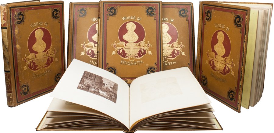 Hogarth William: Hogarth William. The complete works [...] in a series of one hundred and fifty steel engravings from the original pictures... London: William Mackenzie, s.d. [ma 1864 ca]. 6 volumi in-4° (mm 309x