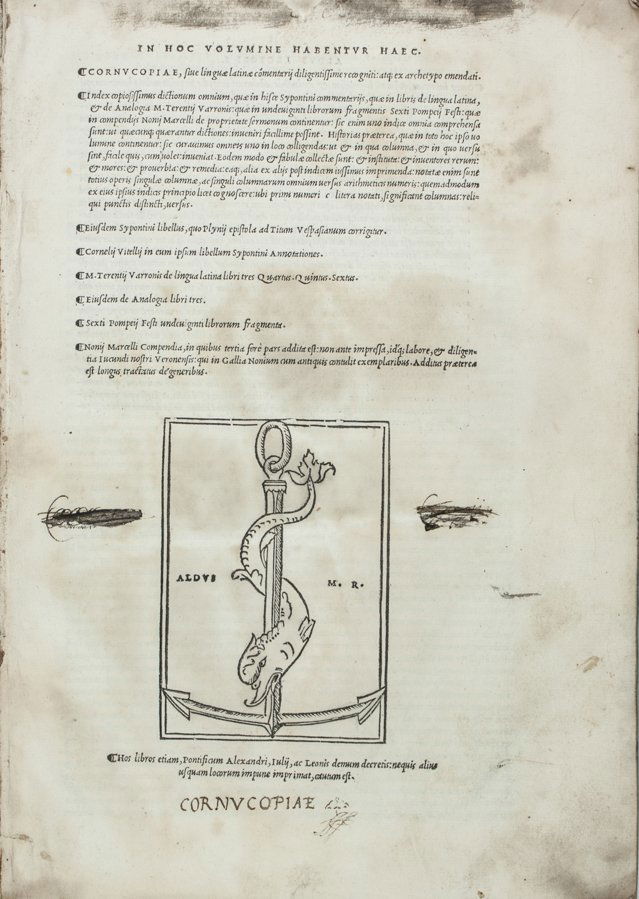 Perotto Niccolò: Perotto Niccolò. In hoc volumine habentur haec Cornucopiae, sive linguae latinae commentarii... (al colophon:) Venetijs: in aedibus Aldi, et Andreae soceri, 1513. In-folio (mm 303x210). Carte [79],