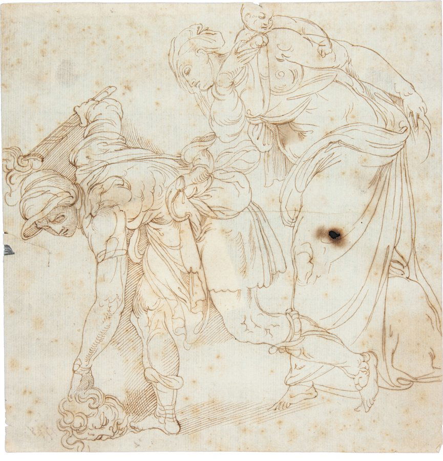 Ambito romano del XVII secolo: Ambito romano del XVII secolo. Scena storica con tre figure. 1610-20 ca. Penna e inchiostro; carta bianca fine a vergelle. Foglio: mm 170x170ca. Il disegno, già attribuito a Battista Franco, &