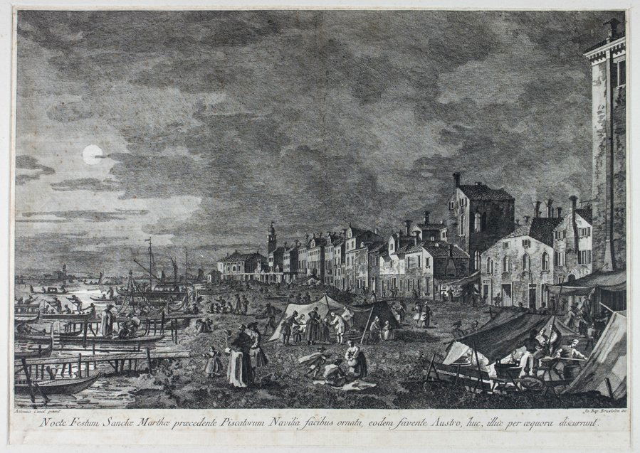 Giovan Battista Brustolon: Giovan Battista Brustolon. La sagra notturna di Santa Marta (da Canaletto). 1779 Acquaforte. mm 282x436 (p. inc.). Foglio: mm 330x470. Nel margine inferiore: “Nocte Festum Sanctae Marthae praec