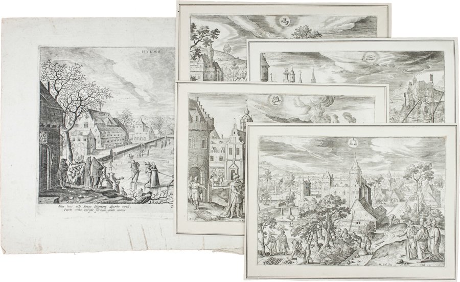 Adrian Collaert: Adrian Collaert. Quattro stampe dalla serie dei mesi dell'anno. Da Hans Bol. 1585 4 bulini mm 142x205. Hollstein 512, 513, 519, 521. Dalla serie di dodici. Rifilate ma con tratto d'inquadramento comp