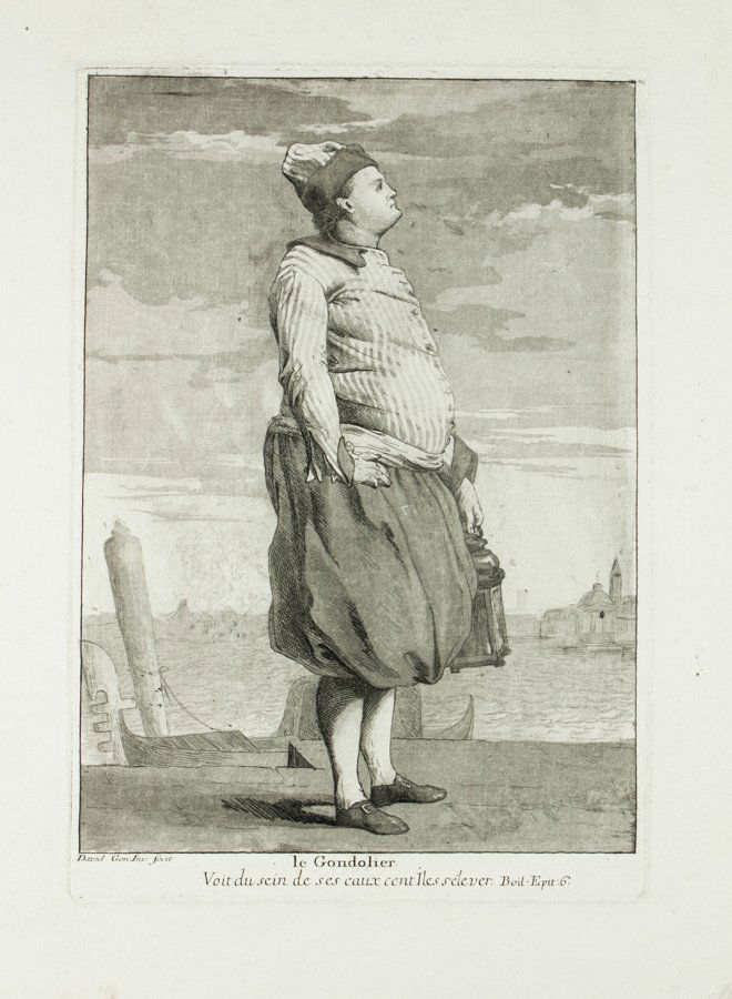 Giovanni David: Giovanni David. Le gondolier. 1775 Acquaforte e acquatinta. mm 240x165. Foglio: mm 295x225. Newcome Schleier - Grasso, n. 17 a (secondo stato con aggiunta dell'acquatinta). Dalla serie Divers portrai