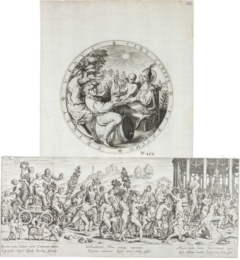Jan Theodor De Bry: Jan Theodor De Bry. Il trionfo di Bacco. Bulino. mm 116x275. Rifilata, un difetto in alto verso sinistra. Segni di piegature. SI AGGIUNGE: Id., Friget Venus sine Cerere et Baccho. Bulino. mm 135 (diam