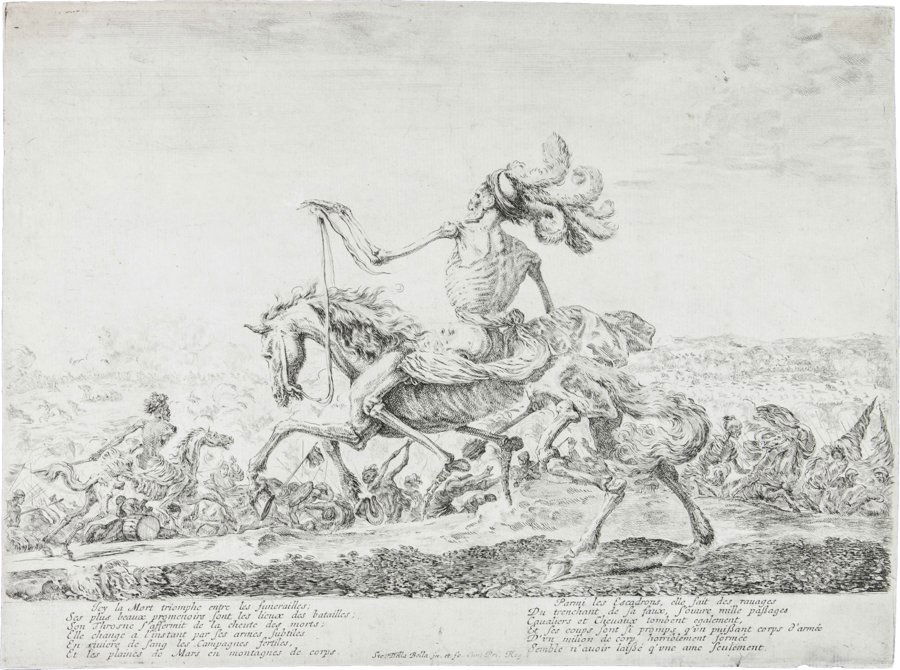 Stefano Della Bella: Stefano Della Bella. La morte sul campo di battaglia. Acquaforte. mm 220x295. Rifilata lungo la parte incisa. De Vesme, 93. Terzo stato su 4. Buona prova su carta vergellata fine con filigrana al cen