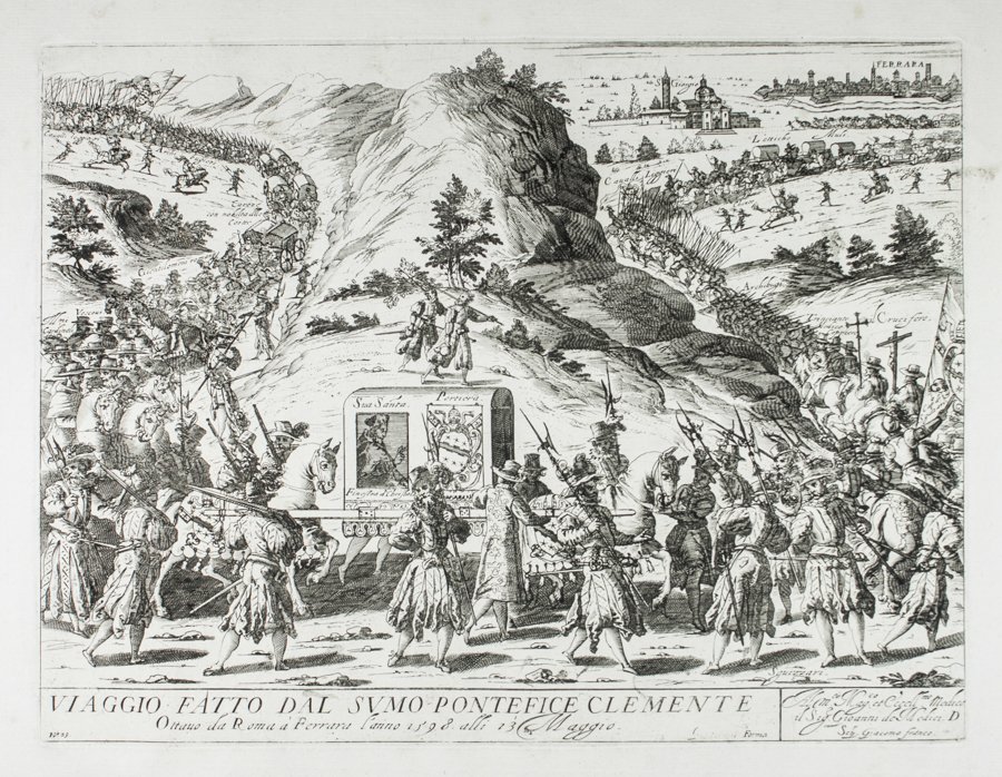 Giacomo Franco: Giacomo Franco. Viaggio fatto dal Sumo Pontefice Clemente Ottavo da Roma a Ferrara l'anno 1598 alli 13 Maggio. Acquaforte. mm 300x395. Foglio: mm 460x595. In basso a destra dedica a Giovanni de Medici